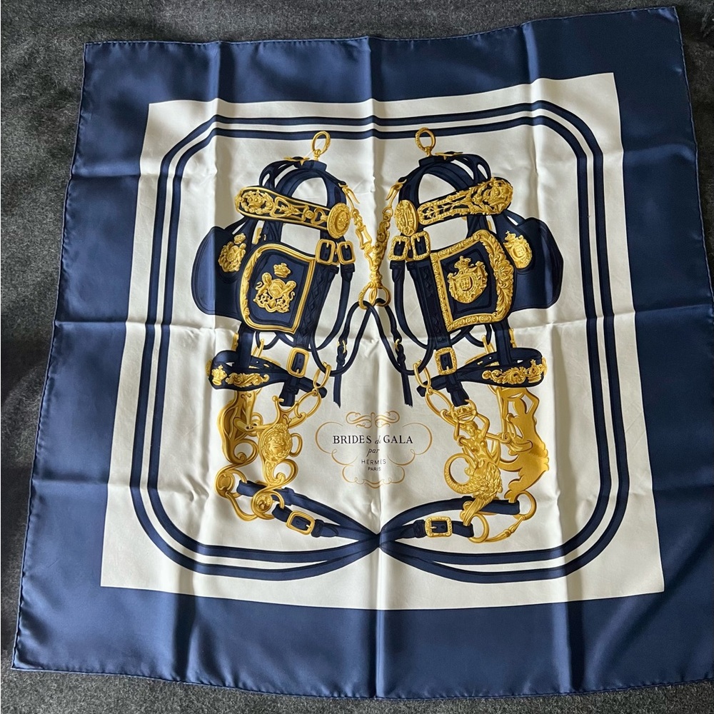HERMES Carre 90 Scarf BRIDES de GALA Ceremony Horse Bridle Silk Blue with Box